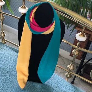 Raspberry, teal, buttercup tie scarf.